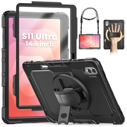 SEYMCY Case for Samsung Galaxy Tab S11 Ultra 14.6 inch 2025 (SM-X930 SM-X936B) Full-body Shockproof with Screen Protector Rotating Hand Strap & Stand Shoulder Strap for Samsung S11 Ultra Black