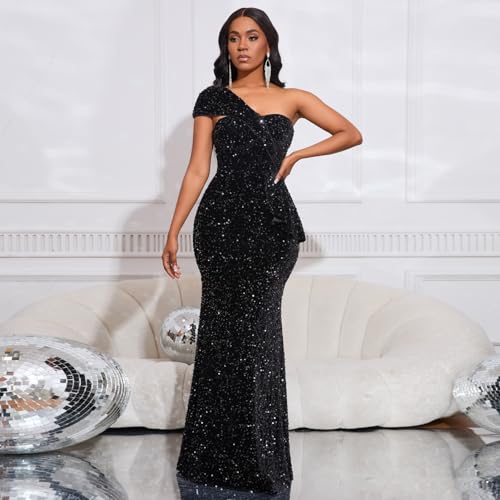 Cololura Women Sexy Sequin One Shoulder Mermaid Formal Party Cocktail Gowns Bodycon Evening Maxi Dress2