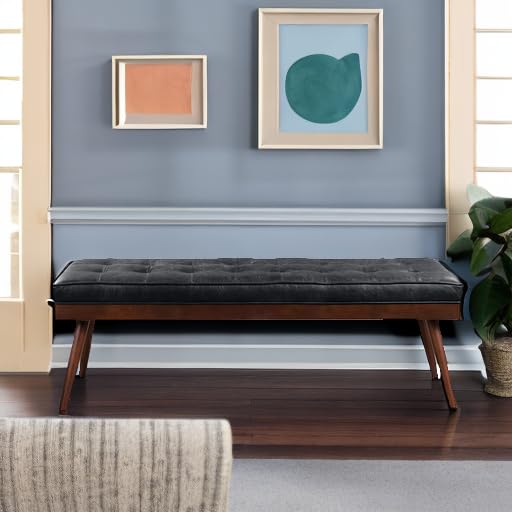 Image of Poly & BARK 55 inch Tufted Leather Bed Bench for Bedroom End of Bed - Living Room Entry Way Bench - Pure Italian Leather Upholstery with a Solid Wood Frame - Ottoman Bench with Wooden Legs - Onyx Black
