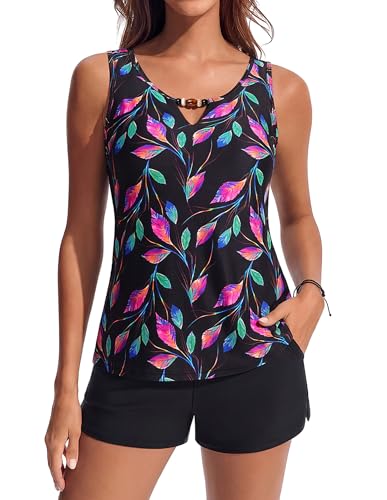 Image of Hanna Nikole 2026 Tankini Swim Top Built in Bra and High-Waisted Bottom,Swimwear with Bra Support and High Back Purple Gradient Leaf Medium
