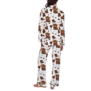 Damen Hausanzug Winter - Langer Schlafanzug Kuh Design Pyjama Set Weiche Milchseide Bekleidung Bequeme Hose Nachtwäsche für (Brown, M)
