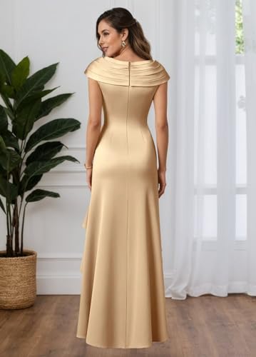 Satin Mother of The Bride Dresses for Women V-Neck Ruffle Long Formal Wedding Guest Dress with Slit2