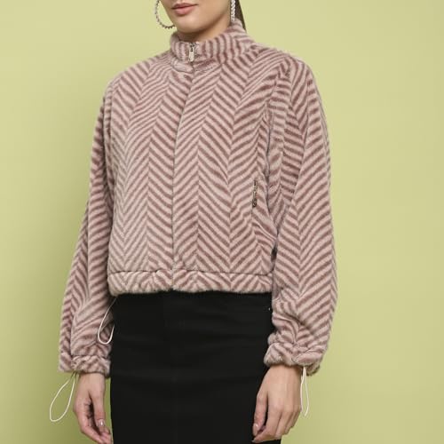 Image of Madame Geometric Pattern Zipped Brown Sweatshirt for Women