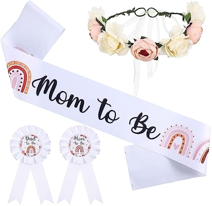 XunYee 4 Pcs Boho Rainbow Mom to Be Sash Maternity Sash Kit, Boho Baby Shower Dad to Be Corsage Pins and Mom to Be Sash Flowers Crown Headband for Parents Props Keepsake Gifts