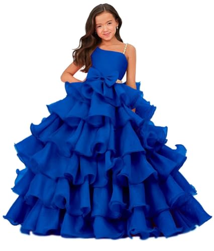 Pageant Dresses for Girls One Shoulder Dress Organza Ruffles Poof Party Dress for Girls Ball Gown Dress Royal Blue6