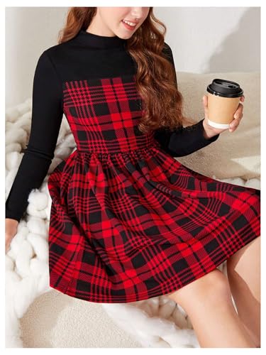 SweatyRocks Girl's Tartan Plaid Dress Long Sleeve High Waisted A Line Flared Short Dresses4