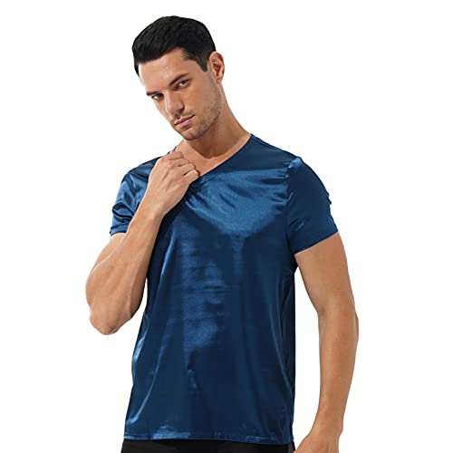 Jhaoyu Mens Silky Satin V Neck Short Sleeve Pajamas Shirts Tops Solid Color Loungewear T-Shirt Nightwear2