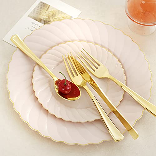 Youbet 125Pieces Pink Plastic Plates With Gold Rim-Gold Plastic Silverware-Include 25 Dinner Plates 25 Dessert Plates 25 Forks 25 Knives 25 Spoons-Perfect For Easter #TOP2