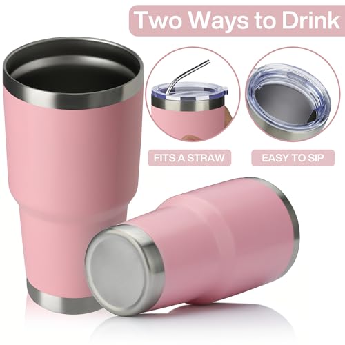 Image of MEWAY 30oz Insulated Tumbler With Lids and Straws,Stainless Steel Double Vacuum Coffee Tumbler Cup, Brush, Durable Powder Coated Coffee Cup for Cold & Hot Drinks, Office, Travel(Pink,4 PACK)