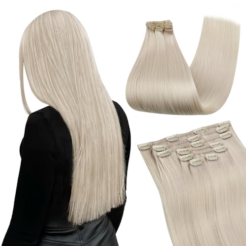 Image of Ugeat Seamless Clip in Hair Extensions Human Hair Blonde 22 Inch 7pcs 120g | Real Human Hair Extensions Clip ins , Hair Clip on Extensions Platinum Blonde , Straight Texture