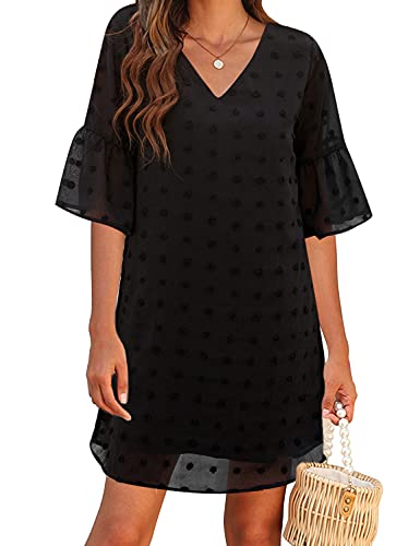 Blooming Jelly Womens White Dresses Short Sleeve V Neck Ruffle Cute Sun Dresses Chiffon Flowy Shift Mini Dressesï¼ˆM,Blackï¼‰