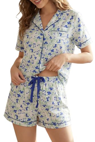 Pyjama femme 100% coton été LUBOT, ensemble de nuit 2 pièces boutonné à manches courtes