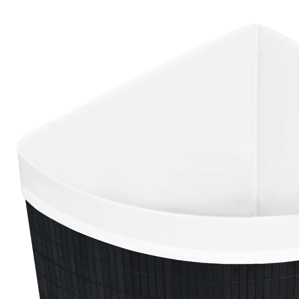 Cesto para la colada esquinera de bambú negro, 60 litros, con bolsa de tela extraíble, plegable, asa, ahorra espacio, versátil para cuarto de baño, dormitorio, habitación infantil, lavandería