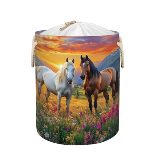 Ginfult Cesta de lavandería grande con diseño de caballo y flores, puesta de sol, cesta de almacenamiento de ropa plegable con cordón para dormitorio, guardería