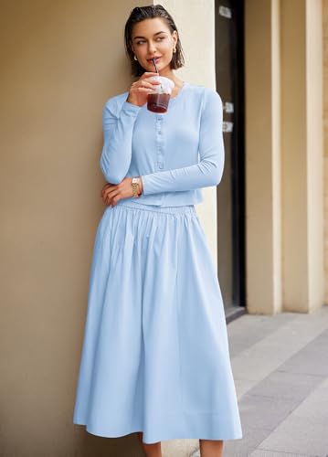 Image of Panadila Womens 2 Piece Lounge Sets Matching Vacation Outfits Ribbed Button Down Cardigan and Elastic Waist Skirt Sets