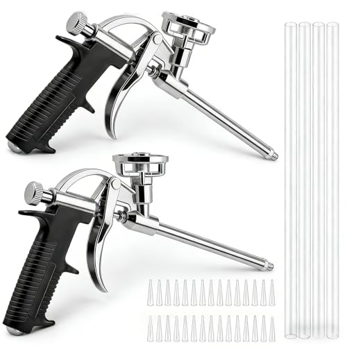 VEGOATY Lot de 2 pistolets à mousse PU : pistolet à mousse avec 4 buses longues et 50 buses courtes, pistolet à mousse de construction avec poignée ergonomique en plastique et bouton de contrôle du