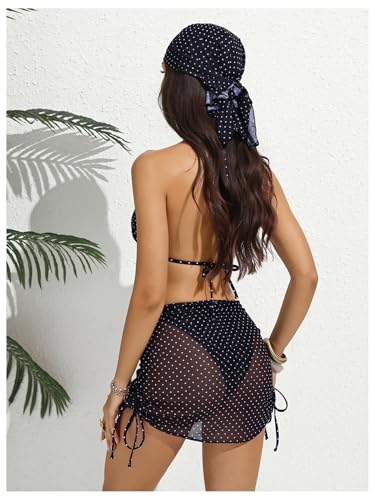 Image of Women's 4 Piece Polka Dots Bathing Suits Cover Up Skirt & Bandana | Halter Bikini Sets, Sexy Bathing Suit, Beach Skirt, Leopard, Paisley, Tropical, Summer