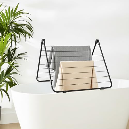 OHS Clothes Airer Over Bath Adjustable Rotation Clothes Drying Rack with 14 Bars Lightweight Foldable Metal Laundry Drying Rack for Indoor Use - Black