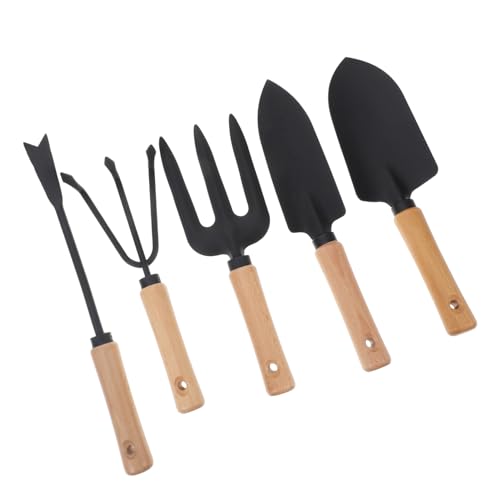 TOYZFRIENDY 5 pièces Outils de Jardinage Acier Au avec Manches Bois Pelles Larges et Étroites Râteau à Trois Dents Fourche à Aérer et Coupe-Racines Pratiques pour Plantation et Désherbage