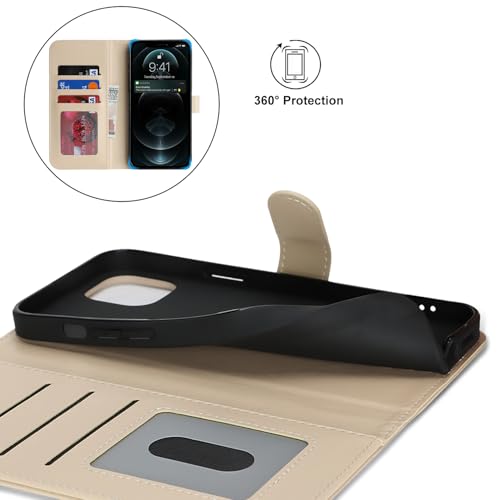 Image of for iPhone 12 Case Wallet with Card Holder,for iPhone 12 Pro Wallet Case for Women Men,PU Leather Shockproof Magnetic Buckle Stand Flip Phone Case-Beige
