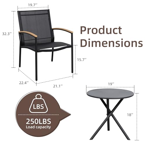 Image of Shintenchi 3 Pieces Patio Bistro Sets, Outdoor Textilene Fabric Conversation Bistro Set, Textilene Fabric Front Porch Chairs Small Patio Furniture Set with Table for Lawn,Garden,Balcony (Black)