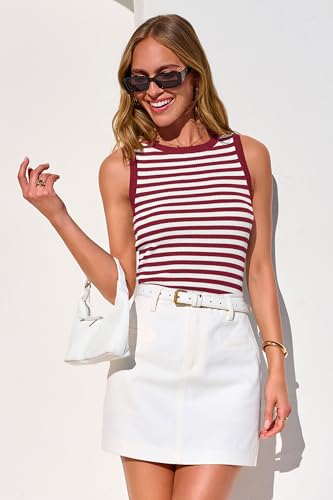 Image of PRETTYGARDEN Summer High Neck Striped Tank Tops for Women Casual Sleeveless Sweaters Basic Ribbed Knit Slim Fitted Shirts