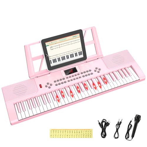Electronic Keyboard Piano 61 Keys with LED Light, Shayson Portable Digital Pianos Music Keyboard with Microphone, Sheet Music Stand, Piano Note Stickers, Best Gift for Kids Beginners（Pink）