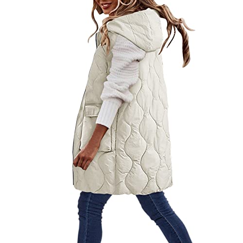 OUMSHBI Women's Solid Hooded Cardigan Gilet - Medium Length Cotton Jacket Vest - Slim Fit - White