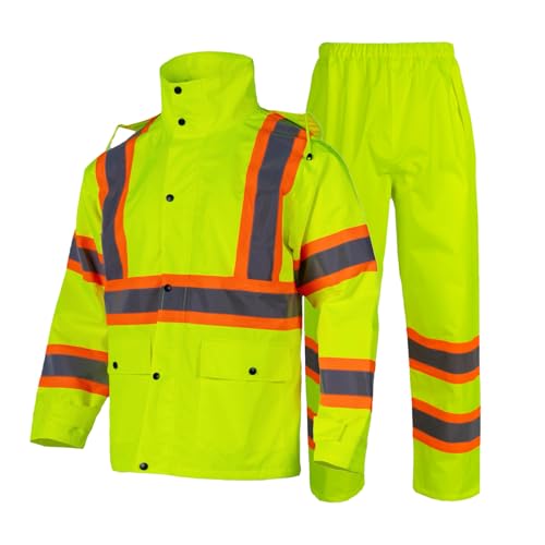 Class 3 Safety Rain Suit Waterproof Work Jacket & Pants with Collapsible Hood, Hi Vis Rain Suits for Men