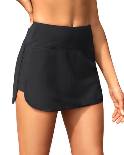 Tempt Me Women's High Waisted Swim Skirt with Zipper Pockets, Athletic Bikini Skirt Bottoms in Black, Medium2