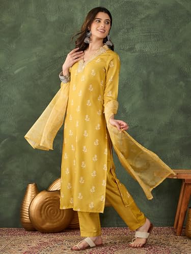 Image of Naixa Women's Rayon Embroidered Straight Kurta with Pant and Dupatta Sets (NX-780)