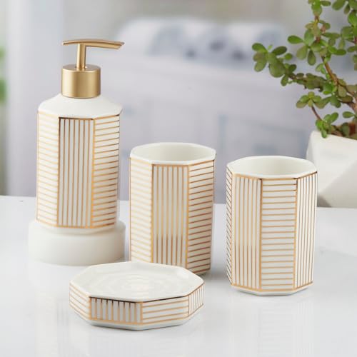 Image of SaSaSa Ceramic Bathroom Accessories Set of 4 Modern Bath Set with Soap Dispenser & Toothbrush Holder, Luxury Home & Gift Idea, White /Gold (10388)