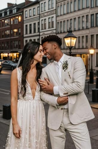 Linen Suits for Men Slim Fit 2 Piece Suit Summer Beach Wedding Suit Prom Casual Blazer Pants Set4