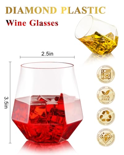 Image of BESTSTAR 40 PCS Clear 12 Oz Diamond Plastic Wine Whiskey Glasses | Stemless Unbreakable Disposable Wine Glasses for Party,Ideal for Weddings, Christmas, Halloween,Holidays,pool party,Daily Use