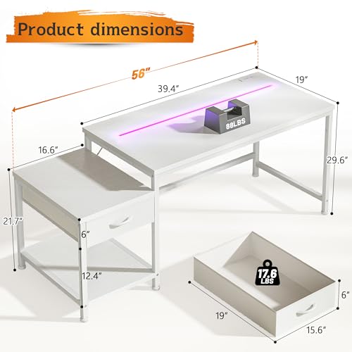 Image of DurayLoly 56 Inch White Computer Desk with Printer Shelf, Power Outlet & LED Lights, Reversible Office Desk with Drawers & Hooks for Headphone, Bags for Bedroom,Dorm,Teens Study Room,White