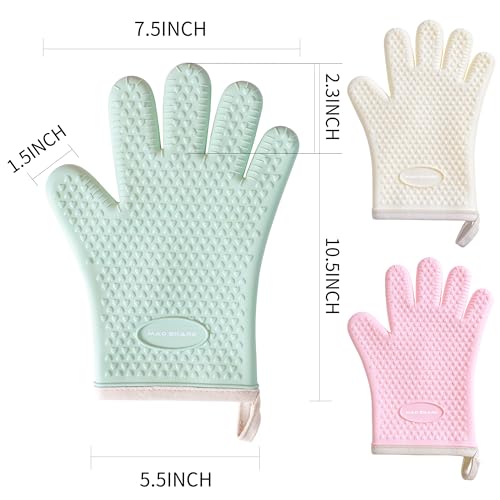 MAD SHARK Silicone Oven Mitts Heat Resistant 450 Degrees,Waterproof & Non-Slip Oven Gloves with Fingers,Cotton Lined Silicone Oven Gloves Kitchen Mitts for Baking Cooking Barbecue,Women (Green)
