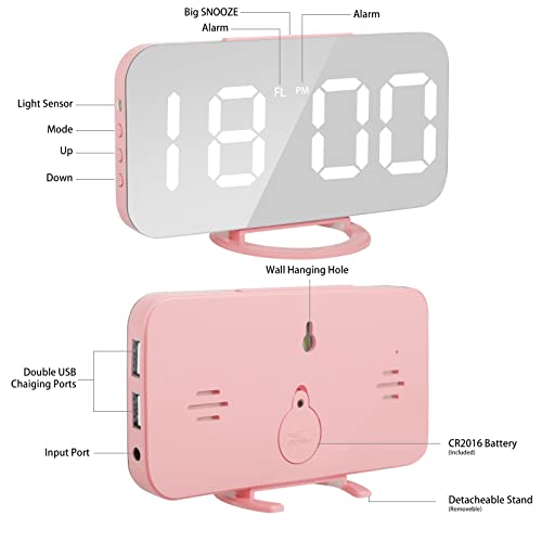 Lamisola Digital Alarm Clock, Large Led Mirror Display,2 Usb Charging Ports,Auto Adjustable Brightness,Aesthetic Modern Clocks For Bedroom Office, Pink #TOP5