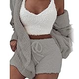 3-teiliges Set von Damen Sexy Flauschige Plüsch Warm Kapuze Strickjacke Weiche Mantel Shorts Crop Top Damen Trainingsanzug Outfit, grau, 50