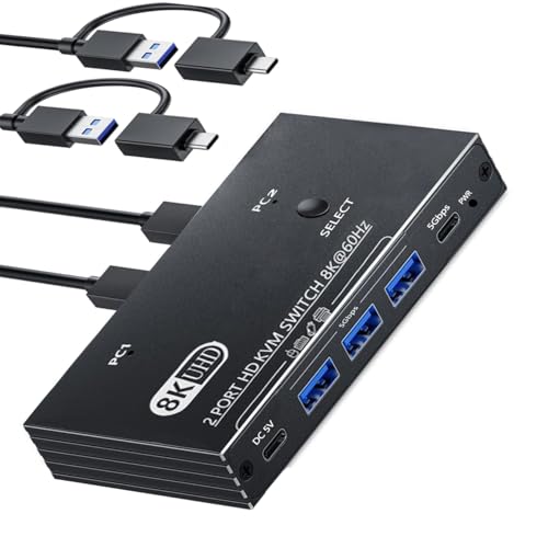 HDMI KVM Switch 1 Monitors 2 Computers 8K@60Hz KVM Switches for 2 Computers Sharing 1 Monitors Keyboard Mouse Printer Switch,with 2Pack 2-in-1 USB Splitter Cable