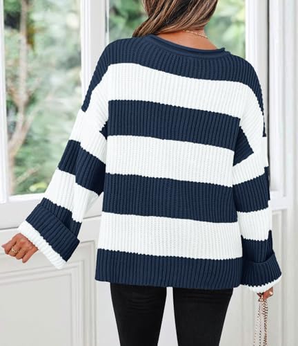 Image of ZESICA Women's 2026 Fall Long Sleeve Oversized Striped Color Block Comfy Loose Crew Neck Knitted Pullover Sweaters