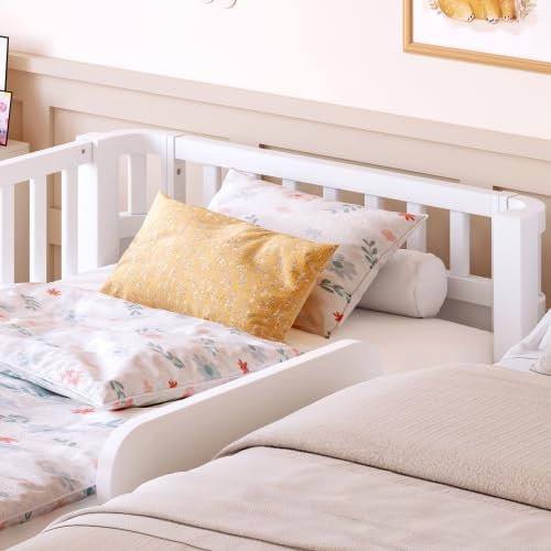 Bellemave Kids Twin Platform Bed with Detachable Fence and Side Guardrail, Solid Wood Platform Bed Frame with Safety Guardrails for Kids Girls Boys (White/Twin)