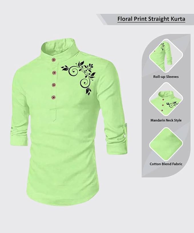 Image of DEELMO Men's Regular Fit Flower Pattern Short Kurta Lemon