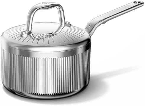 2 Quart Stainless Steel Sauce Pan with Lid, 5-Ply SaucePan Even H...