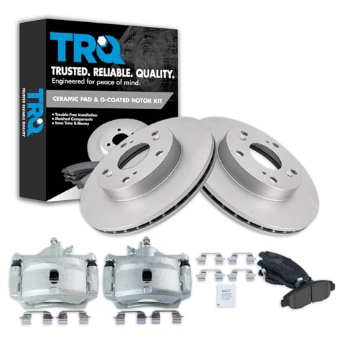TRQ Front Brake Pad & Rotor Kit Brake Caliper Brake Pads Brake Rotor Ceramic Vented Premium G-Coated Compatible with 2006-2011 Honda Civic