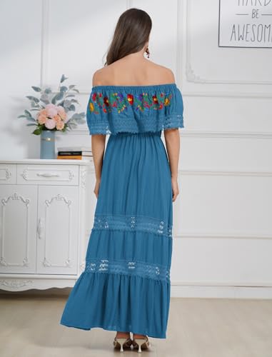 Image of ABEHIK Mexican Dress for Women Traditional Off Shoulder Embroidered Present Casual Lace Long Maxi Dress Cinco de Mayo Outfit