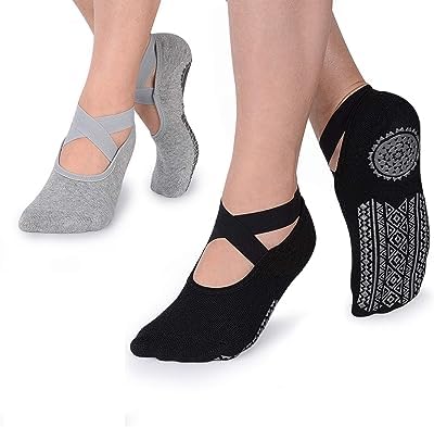 K K International Yoga Socks for Women, Non-Slip Slipper Socks with Grippers & Straps for Pilates, Pure Barre, Ballet, Dance, & Barefoot Workout, Non-Skid Cover Toes Grip Socks,Multi