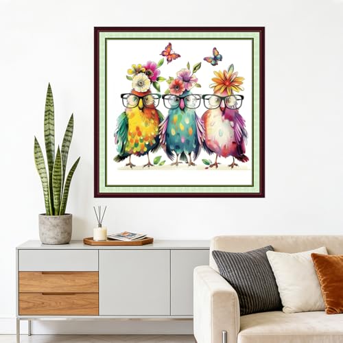 Image of Foxhool Stamped Cross Stitch Kits,11CT Printed Cross Stitch Pattern Full Embroidery Kits for Beginner Needlepoint Kits-Three Birds Wearing Glasses 18x18 inchs