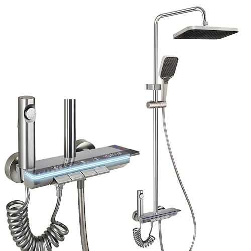 Juego de ducha con termostato, grifo de ducha, juego completo con pantalla LED y luz nocturna, juego de ducha de lluvia, 4 tipos de chorro, cabezal de ducha