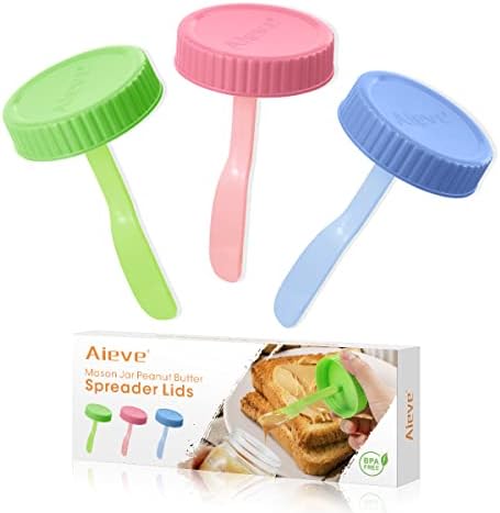 AIEVE Mason Jar Spatula, 3 Pack Kitchen Scraper with Lids, Peanut Butter Spreader & Stirrer, Kitchen Gadget for Jam, Ghee, Fit for Regular Mouth Mason Jar Ball, Kerr 16oz, BPA-Free