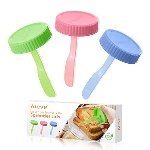 Aieve Mason Jar Spatula, 3 Pack Kitchen Scraper With Lids, Peanut Butter Spreader & Stirrer, Kitchen Gadget For Jam, Ghee, Fit For Regular Mouth Mason Jar Ball, Kerr 16Oz, Bpa-Free #TOP12